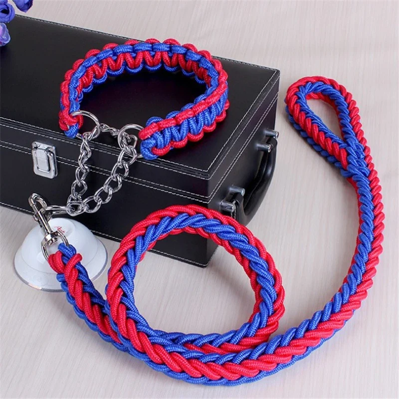 17 colors Length Double Strand Rope Large Dog Leashes Metal P Chain Buckle National Color Pet Traction Rope Collar Set 1.2M A 21