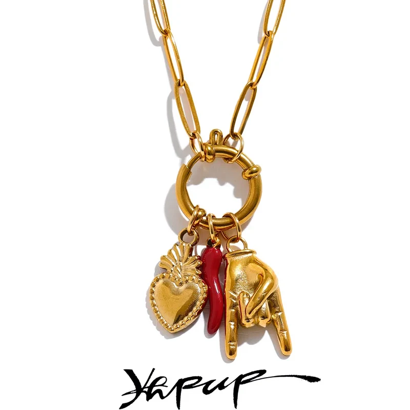 Yhpup Creative 316l Stainless Steel Palm Red Chili Heart Charms Pendant Necklace Personalized Jewelry Attractive Women Accessory