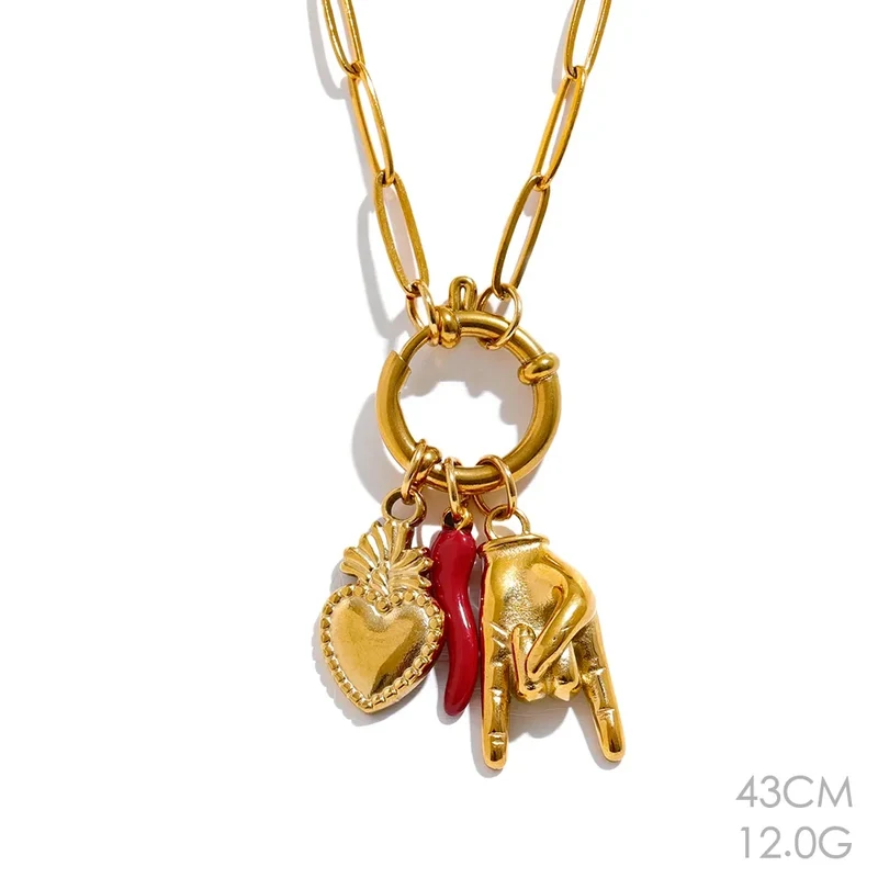 Yhpup Creative 316l Stainless Steel Palm Red Chili Heart Charms Pendant Necklace Personalized Jewelry Attractive Women Accessory