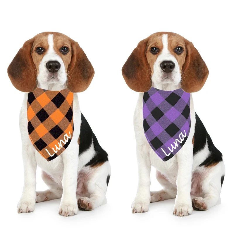 Personalized Name ID Pet Bandanas for Dog Cat Plaid Triangular Bib Scarf Collar Pet Items Puppy Accessories