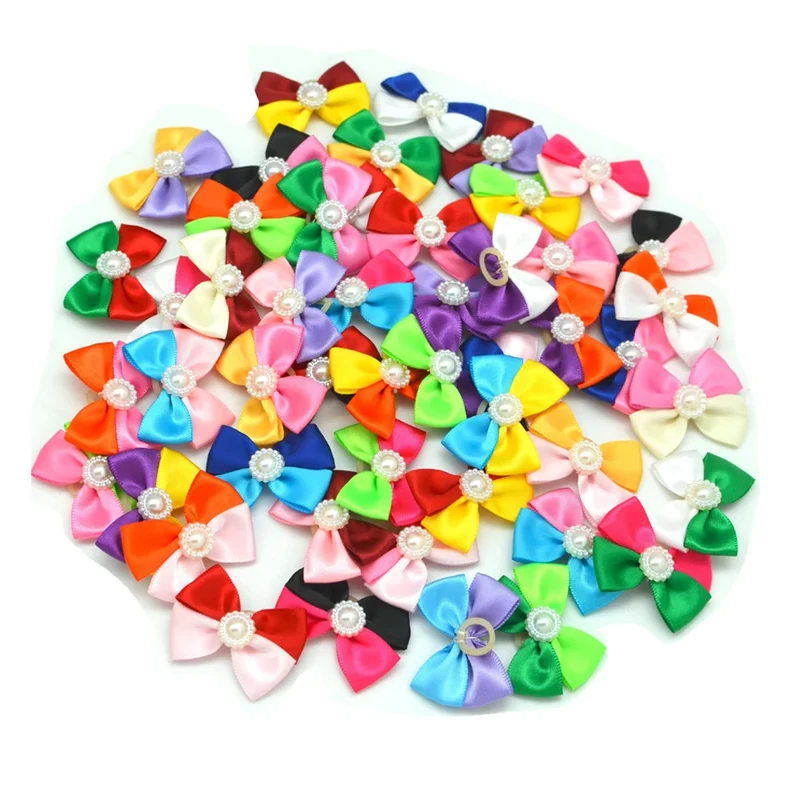 100pcs Pet Dog Hair Bow Accessories Pearl Accents Colourful with Rubber Bands for Cute Medium Small Dog Cats Pet Decoration