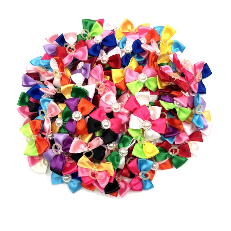 100pcs Pet Dog Hair Bow Accessories Pearl Accents Colourful with Rubber Bands for Cute Medium Small Dog Cats Pet Decoration