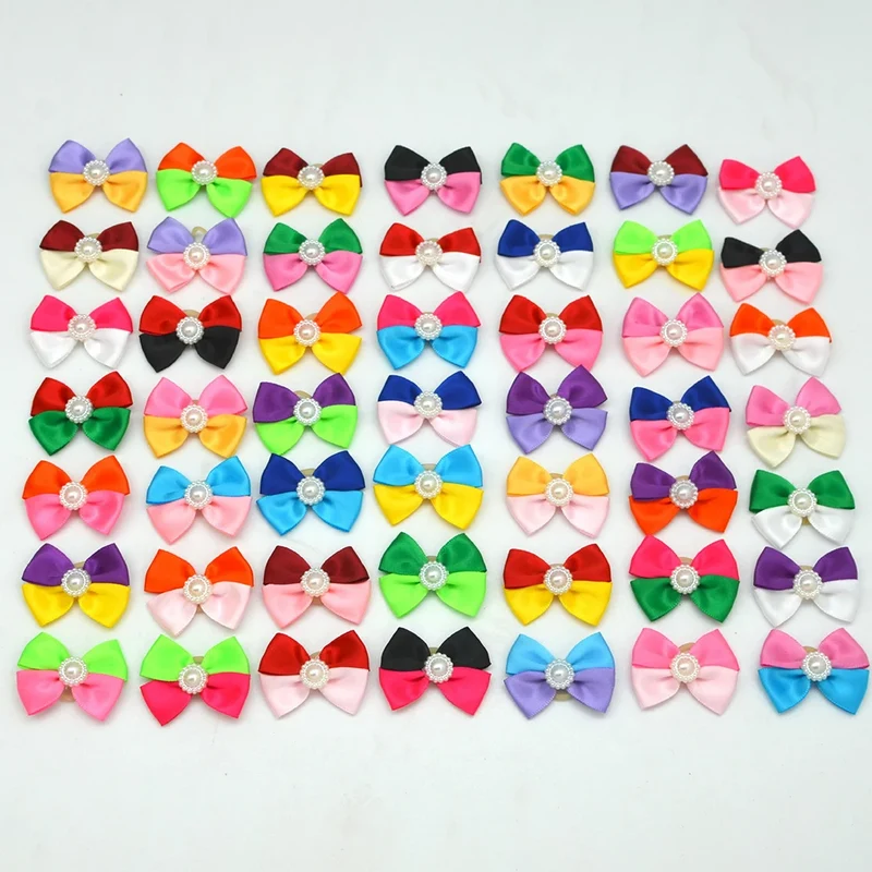 100pcs Pet Dog Hair Bow Accessories Pearl Accents Colourful with Rubber Bands for Cute Medium Small Dog Cats Pet Decoration