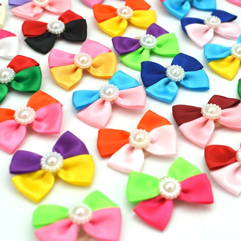100pcs Pet Dog Hair Bow Accessories Pearl Accents Colourful with Rubber Bands for Cute Medium Small Dog Cats Pet Decoration