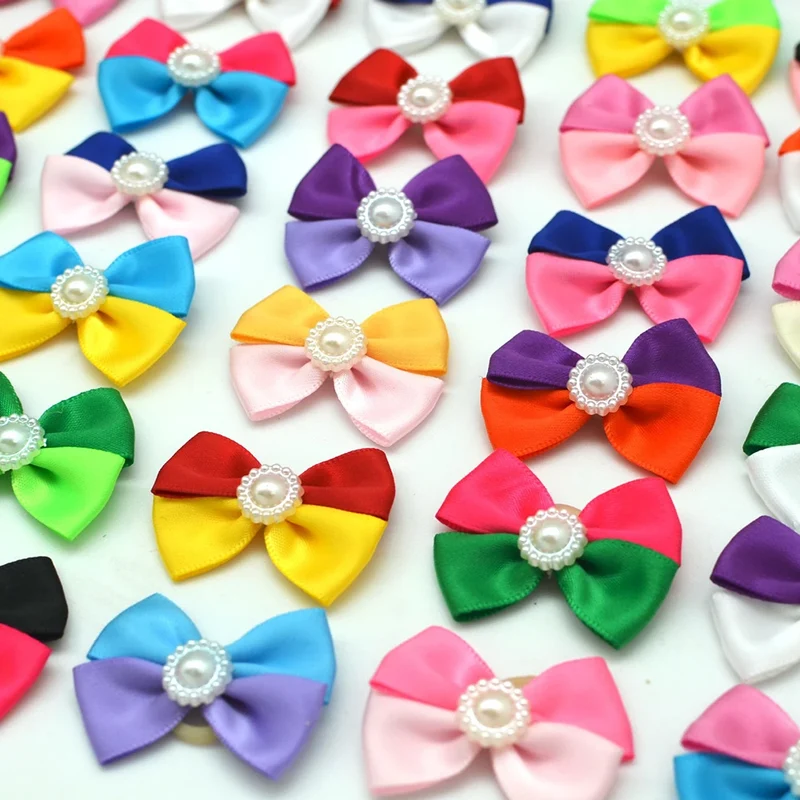 100pcs Pet Dog Hair Bow Accessories Pearl Accents Colourful with Rubber Bands for Cute Medium Small Dog Cats Pet Decoration