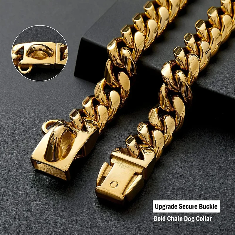 Heavy Duty Strong Metal Dog Cuban Chain Collar Stainless Steel Pet Collar For Large Dogs Pitbull Bulldog Silver Gold Show Collar