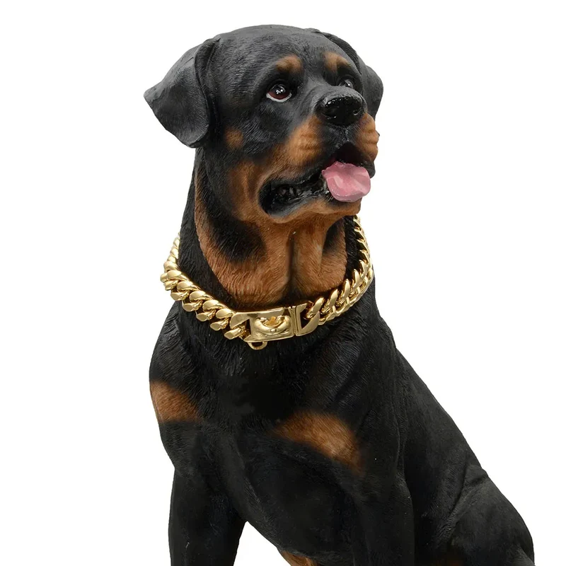 Heavy Duty Strong Metal Dog Cuban Chain Collar Stainless Steel Pet Collar For Large Dogs Pitbull Bulldog Silver Gold Show Collar