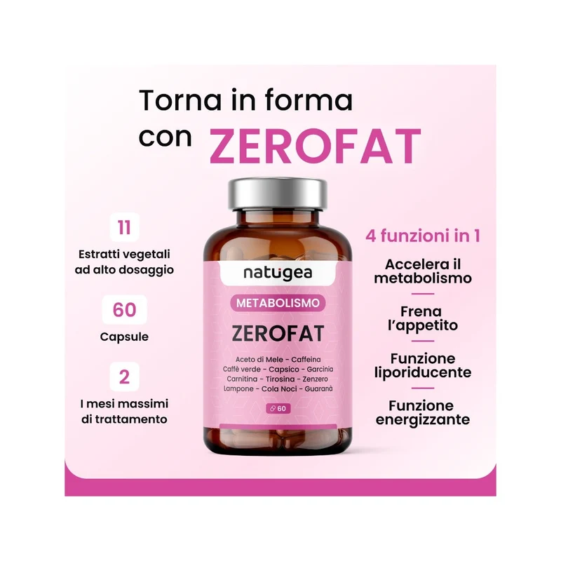 Natugea Brucia Grassi ZEROFAT con 11 attivi: Carnitina, Guarana, Garcinia Cambogia, Caffeina 60 Capsule