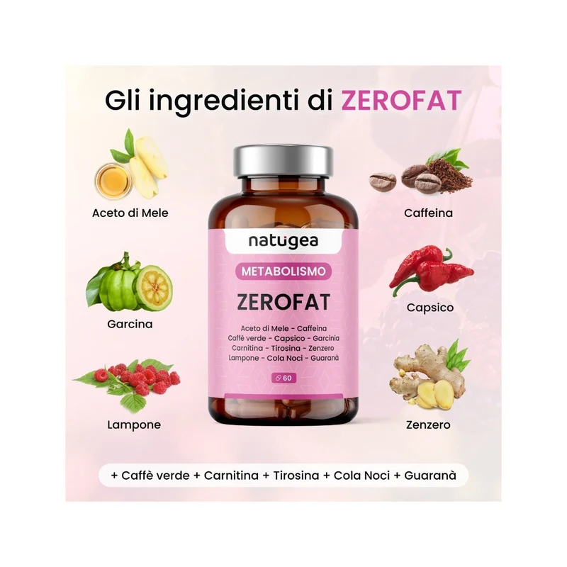 Natugea Brucia Grassi ZEROFAT con 11 attivi: Carnitina, Guarana, Garcinia Cambogia, Caffeina 60 Capsule