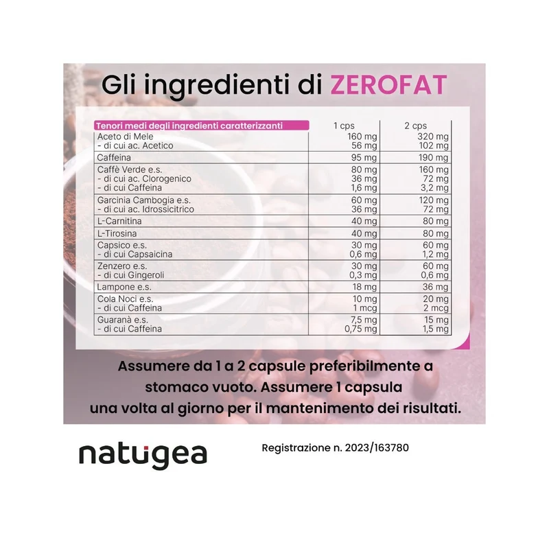 Natugea Brucia Grassi ZEROFAT con 11 attivi: Carnitina, Guarana, Garcinia Cambogia, Caffeina 60 Capsule