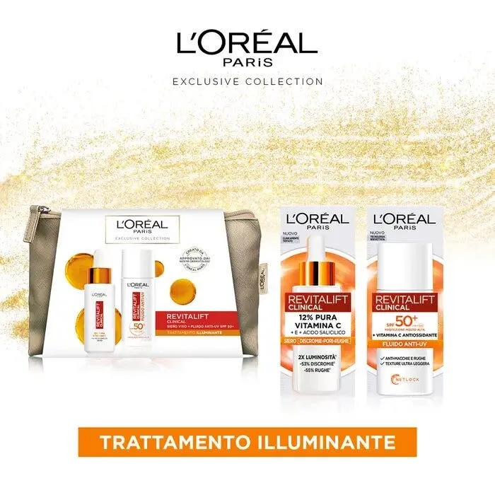 L'Oréal Paris Pochette Revitalift Clinical con Siero Viso+Fluido Anti-UV SPF 50+Routine Illuminante con Vitamina C 30 ml+50 ml