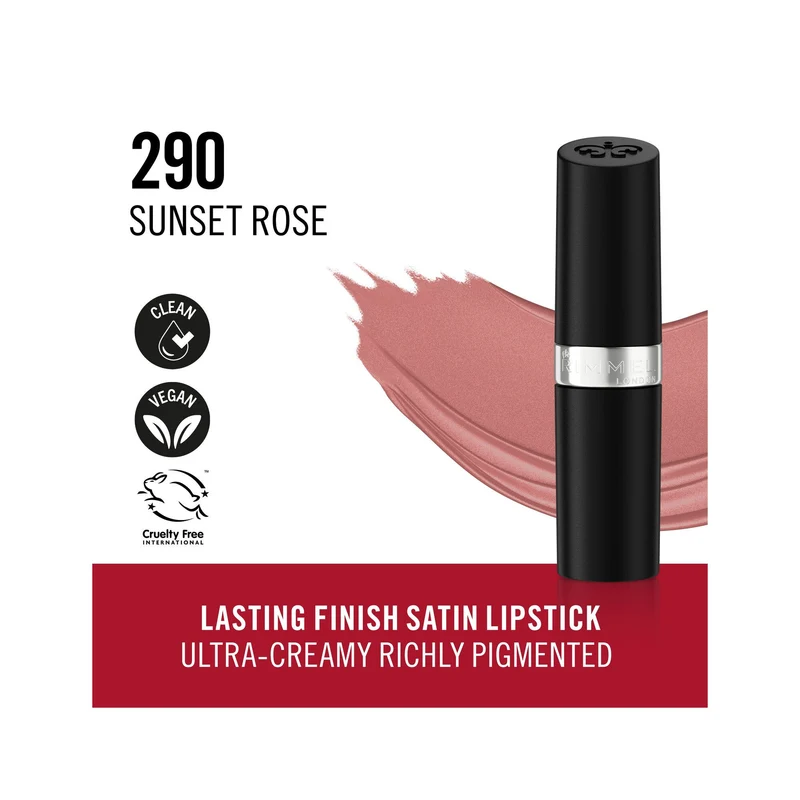 Rimmel Lasting Finish Rossetto Satinato Idratante Formula Vegana 4g 290 Sunset Rose