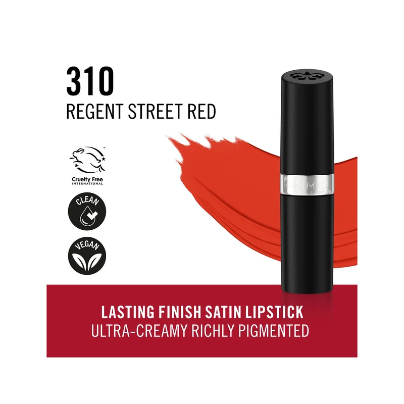 Rimmel Lasting Finish Rossetto Satinato Idratante Formula Vegana 4g 310 Regent Street Red