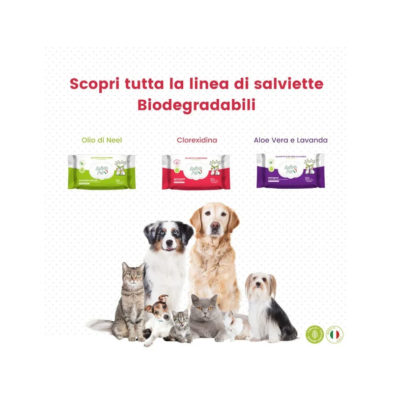 Italian Pet Salviettine Biodegradabili Clorexidina Per Cani/Gatti 15x19cm 50 Pezzi
