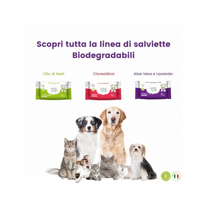Italian Pet Salviettine Biodegradabili Aloe Vera/Lavanda Per Cani/Gatti 20x30cm 50 Pezzi