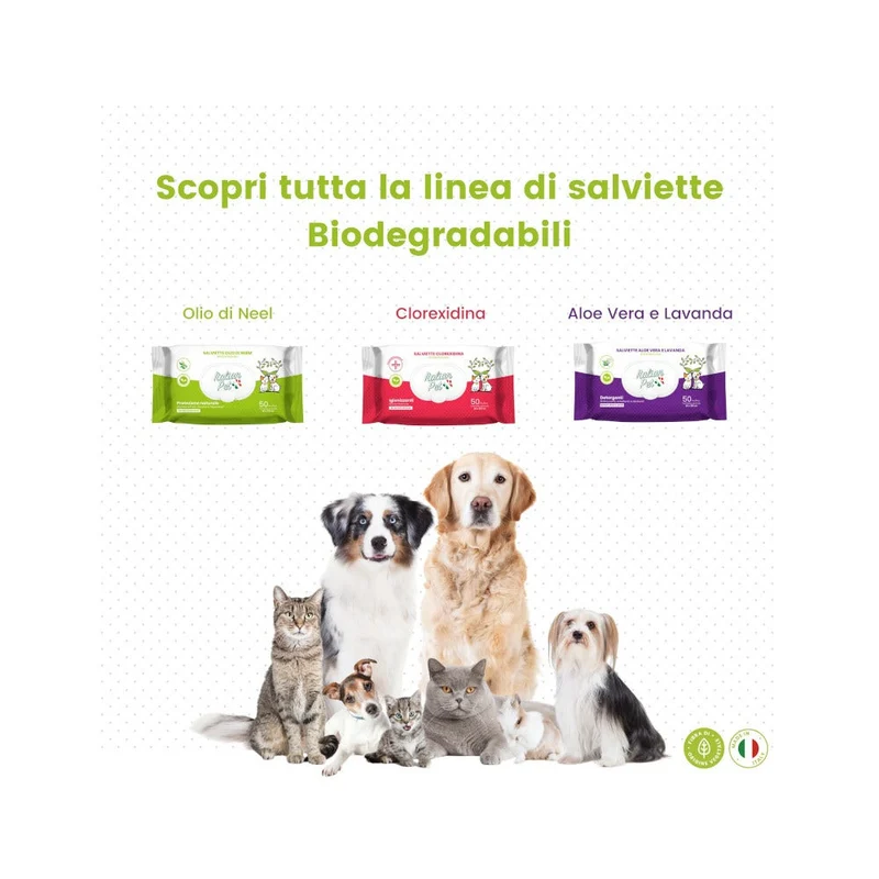Italian Pet Salviettine Biodegradabili Olio Di Neem Per Cani/Gatti 20x30cm 50 Pezzi