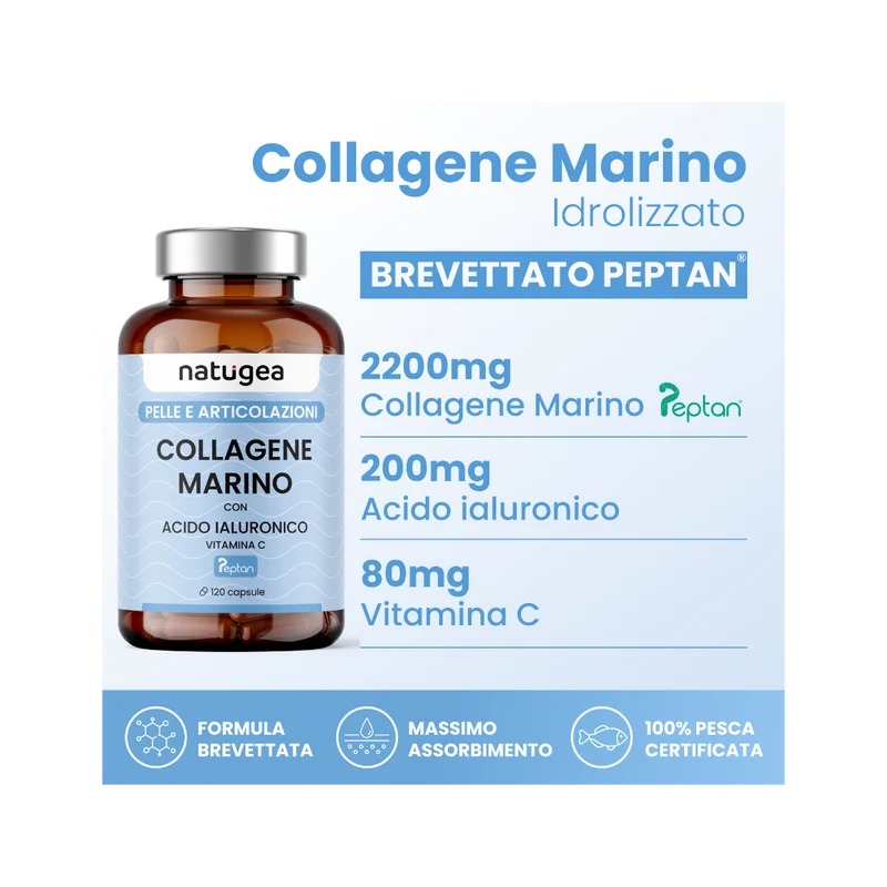 Natugea Collagene Marino Idrolizzato Peptan F HD Con Acido Ialuronico E Vitamina C 120 Capsule