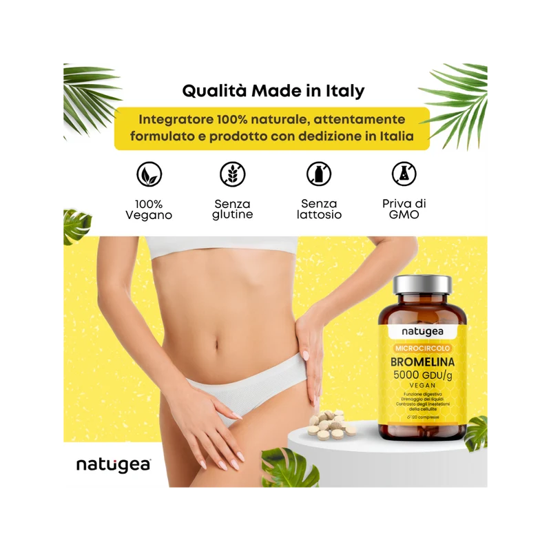 Natugea Bromelina Forte Drenante 5000 GDU/g Vegana Detox Anticellulite 120 Compresse