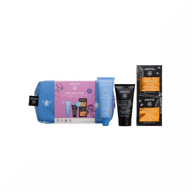 Apivita Aqua Beelicious Crema Idratante Colorata Healthy Glow SPF30+Gel detergente Viso+ Maschera+ Pochette
