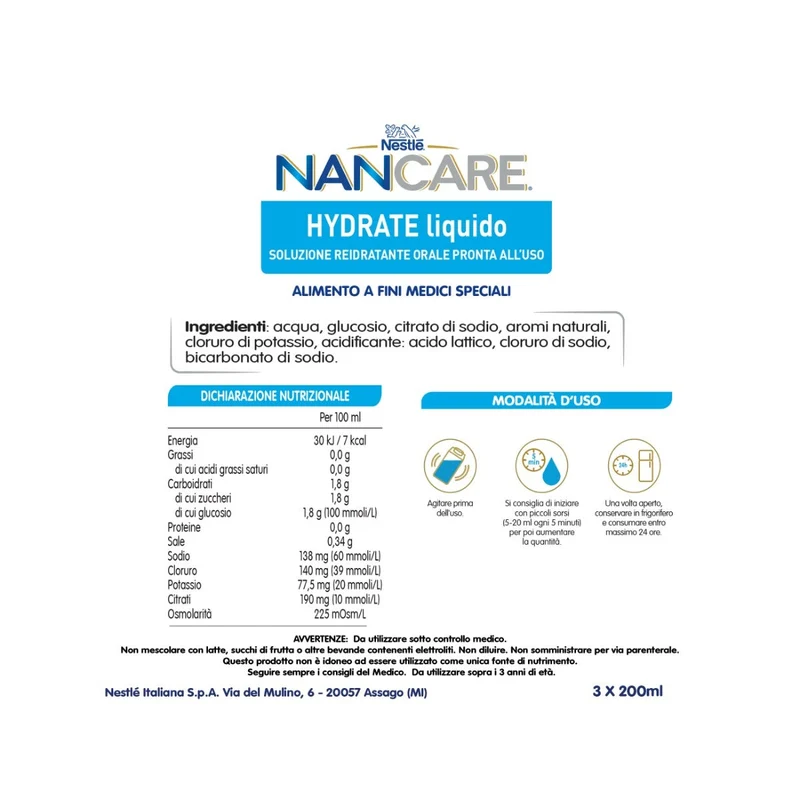 Nestlé Nancare Hydrate Alimento A Fini Medici Speciali Alla Fragola 3 Brick Da 200ml
