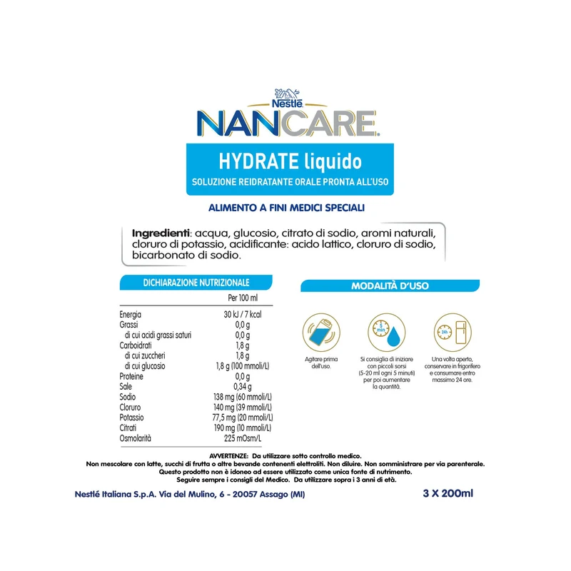 Nestlé Nancare Hydrate Alimento A Fini Medici Speciali Alla Fragola 3 Brick Da 200ml