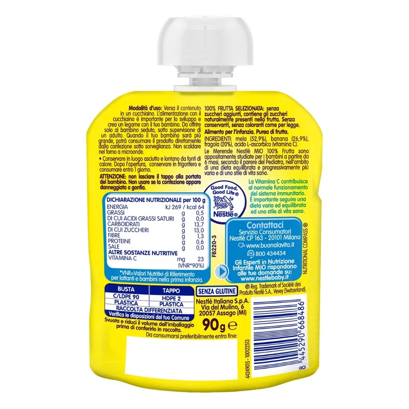 Nestlé Mio Merenda 100% Frutta Mela Banana E Fragola Da Spremere Pouch 90ml