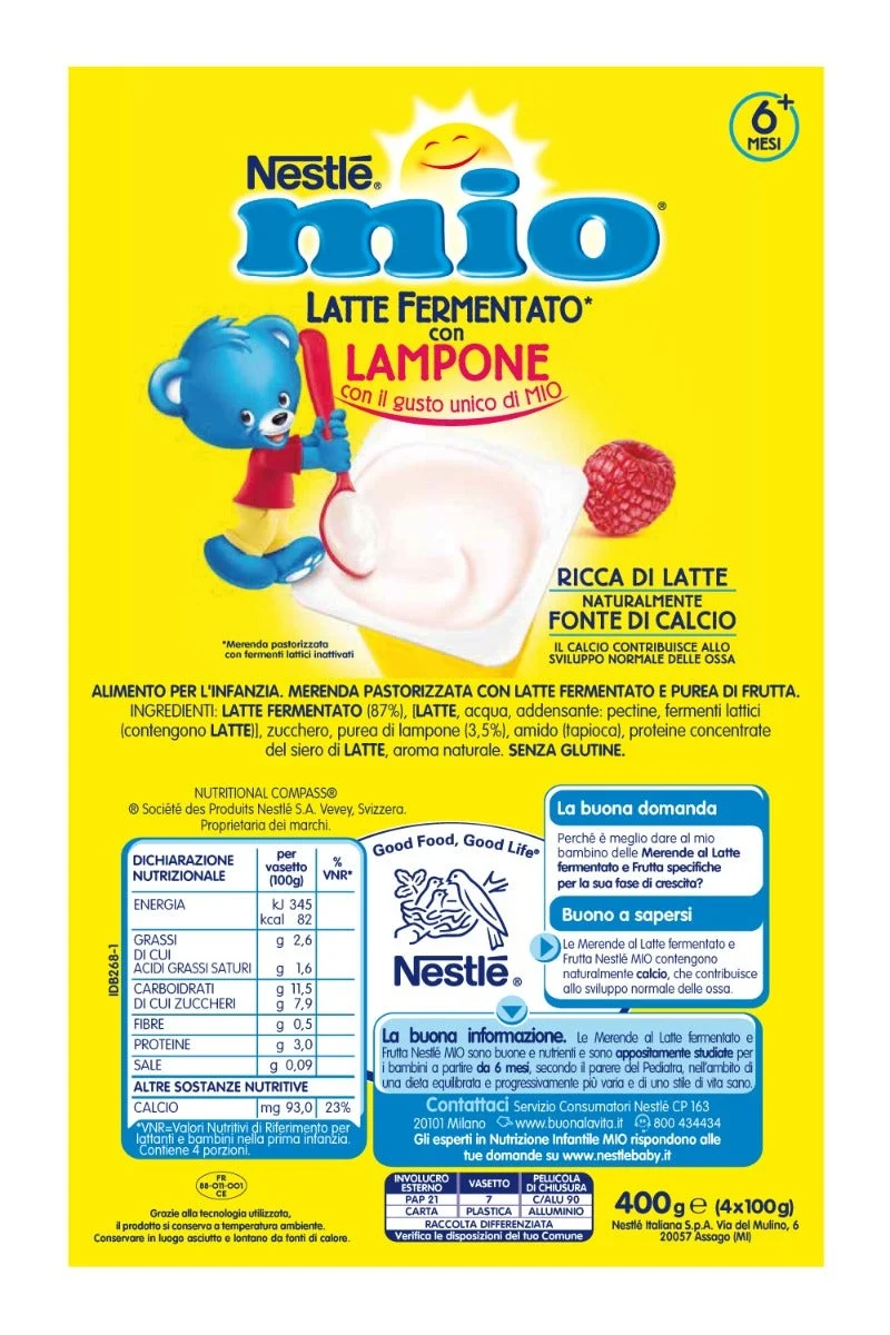Nestlé Mio Merenda Latte Fermentato Lampone 4 Vasetti Da 100g