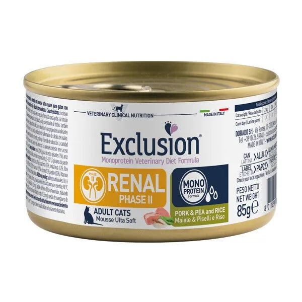 Exclusion Monoprotein Veterinary Diet Formula Renal Phase II Pork & Pea And Rice Cibo Umido Per Gatti 85g