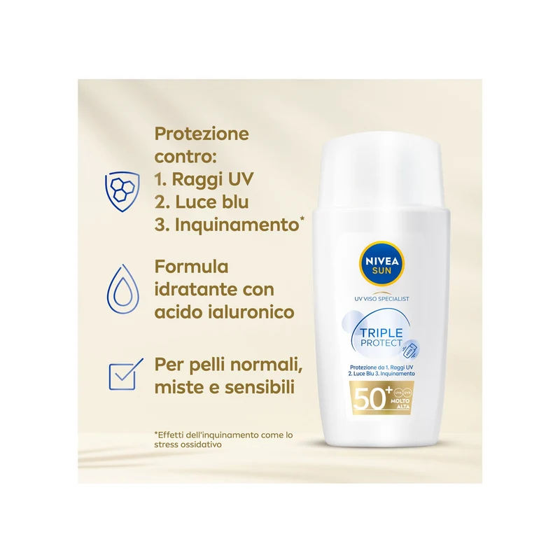 Nivea Sun Crema Viso Solare Triple Protection Fp50+ Fluido Ultra Leggero 40ml