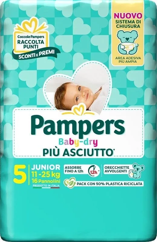 Pampers Babydry Taglia 5 Junior (11-25 Kg) 16 Pezzi