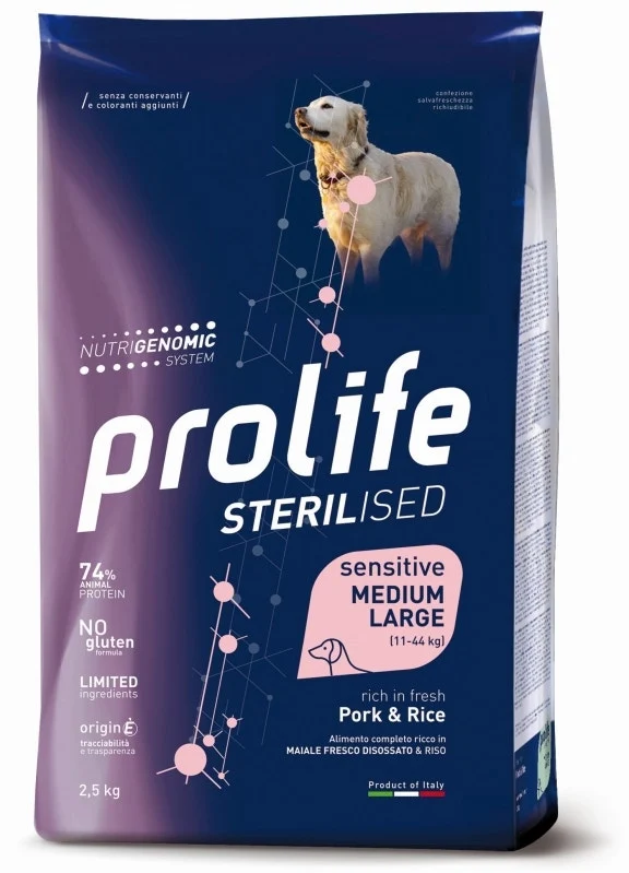 Prolife Dog Sterilised Sensitive Pork & Rice Cibo Secco Per Cani Adulti Sterilizzati Taglia Media/Grande Sacco 12 kg