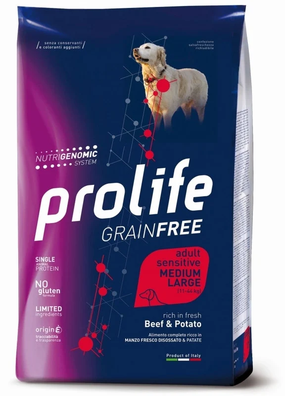 Prolife Dog Grain Free Sensitive Beef & Potato Cibo Secco Per Cani Adulti Taglia Media/Grande Sacco 10 Kg
