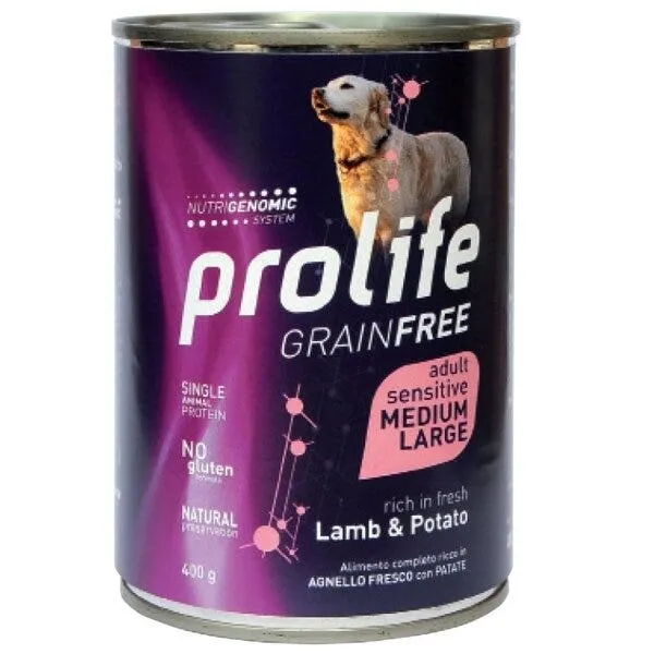 Prolife Grain Free Agnello Fresco Con Patate Cibo Umido Per Cani Adulti Taglia Media/Grande Lattina 400g