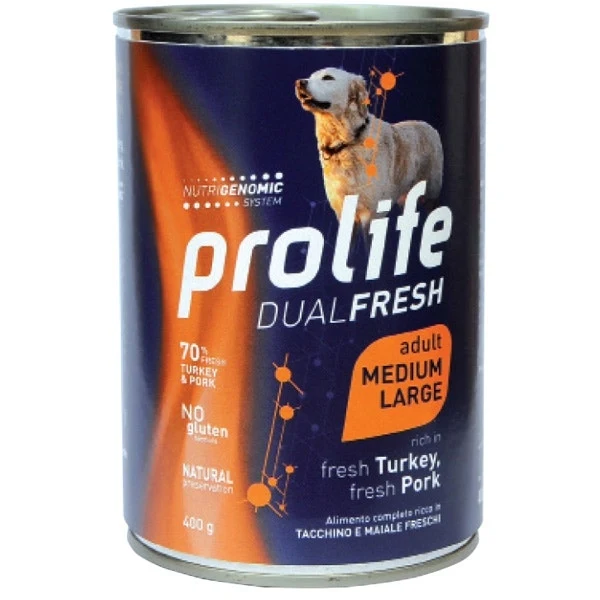Prolife Dual Fresh Tacchino E Maiale Freschi Cibo Umido Per Cani Adulti Taglia Media/Grande Lattina 400g