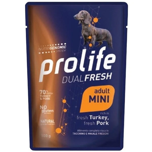 Prolife Dual Fresh Tacchino E Maiale Freschi Cibo Umido Per Cani Adulti Taglia Piccola Bustina 100g