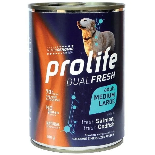 Prolife Dual Fresh Salmone E Merluzzo Freschi Cibo Umido Per Cani Adulti Taglia Media/Grande Lattina 400g
