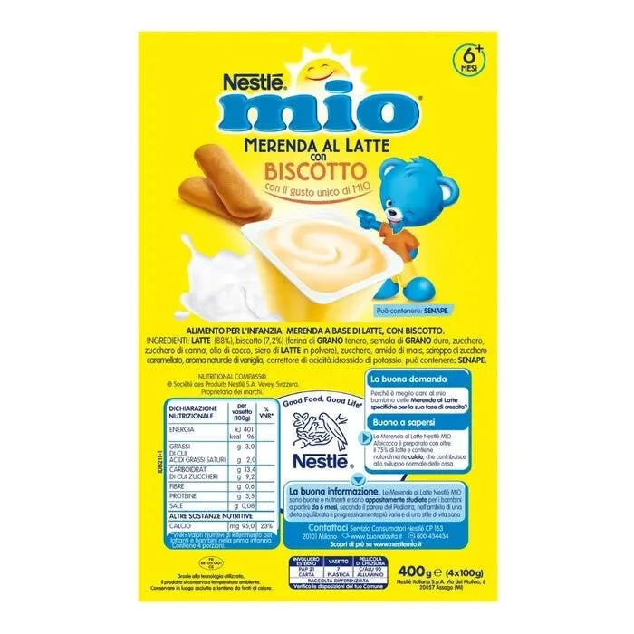 Nestlé Mio Merenda Al Latte Biscotto 4 Vasetti Da 100g