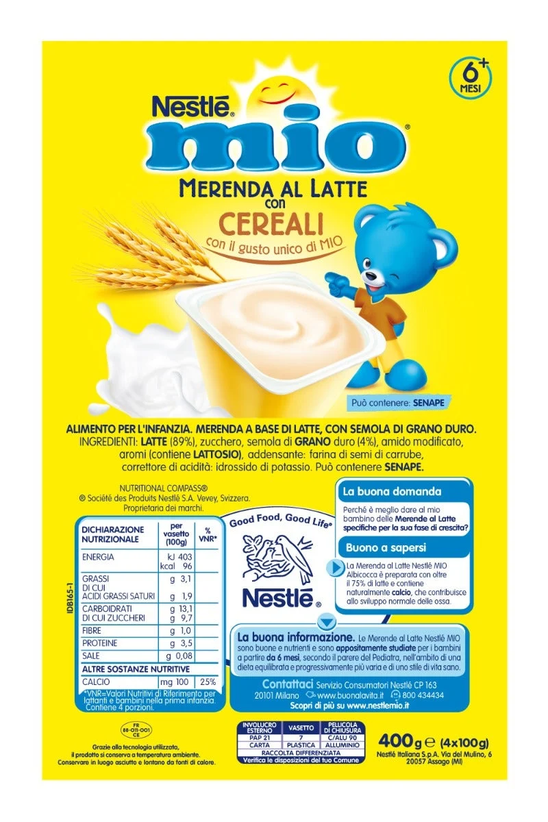 Nestlé Mio Merenda Al Latte Cereali 4 Vasetti Da 100g