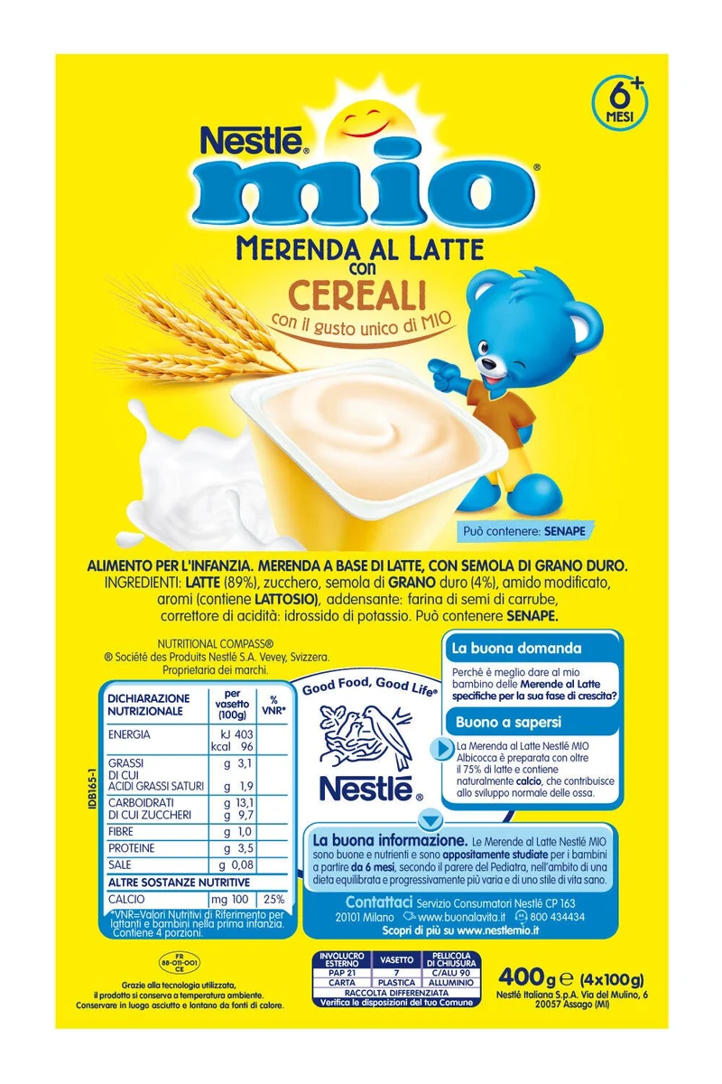 Nestlé Mio Merenda Al Latte Cereali 4 Vasetti Da 100g