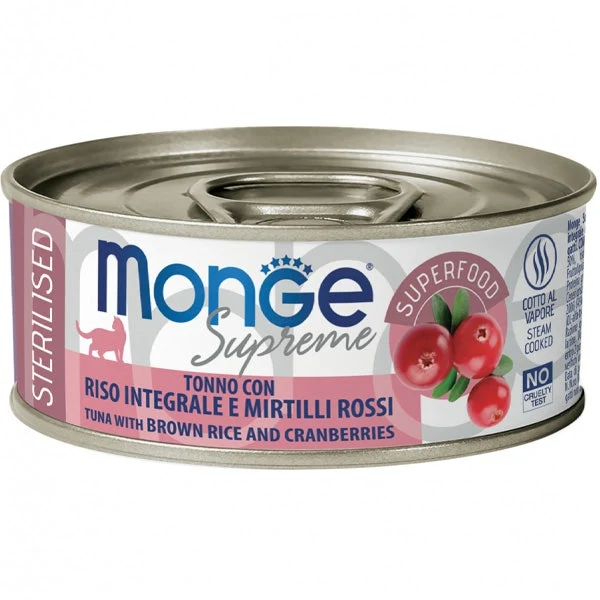 Monge Supreme Tonno Riso Integrale e Mirtilli Rossi Cibo Umido Gatti Adulti Sterilizzati 80g