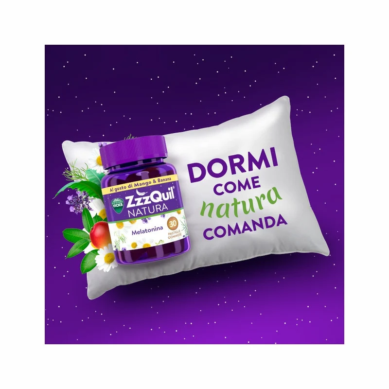 ZzzQuil NATURA Per Dormire 30 Gommose Mango Banana con Melatonina Camomilla Valeriana Lavanda