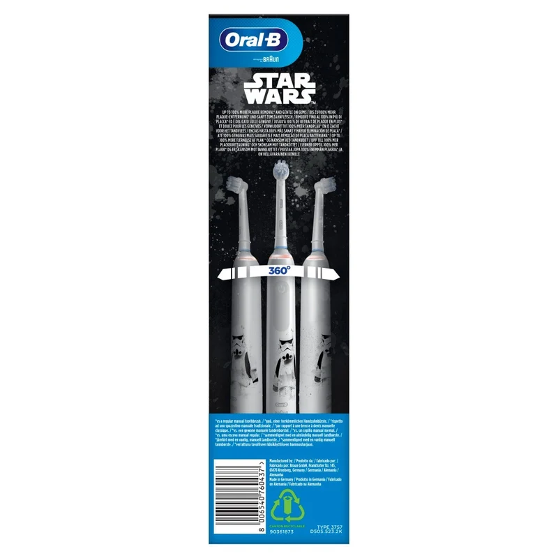 Oral-B Spazzolino Elettrico Ricaricabile Junior Star Wars +6 Anni, 2 Testine, 1 Spazzolino