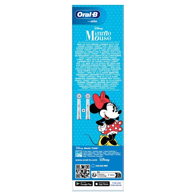 Oral-B Spazzolino Elettrico Ricaricabile Junior Minnie +6 Anni, 2 Testine, 1 Spazzolino