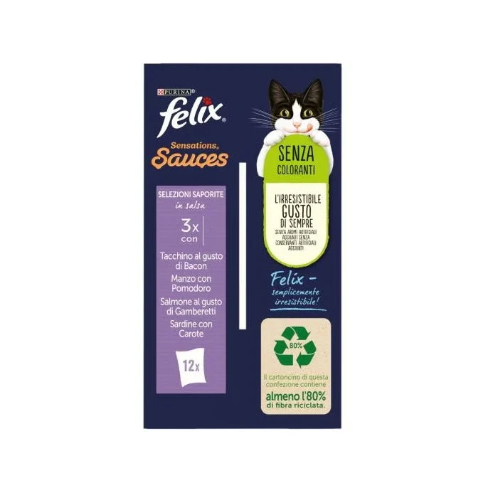 Purina Felix Sensations Sauces Tacchino/Manzo/Salmone/Sardine Cibo Umido Gatti Adulti Busta 12x85g