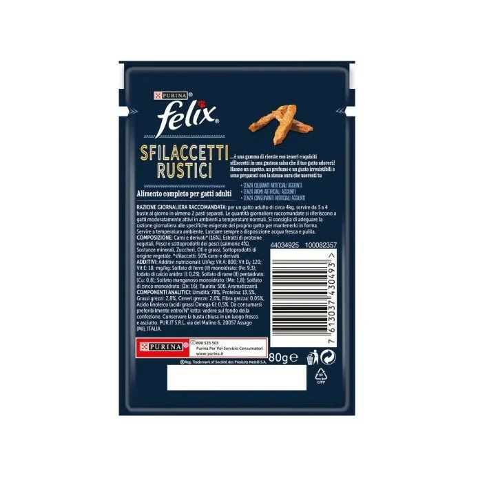 Purina Felix Sfilaccetti Rustici Gusto Salmone Cibo Umido Gatti Adulti Busta 80g