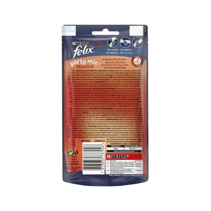 Purina Felix Party Mix Mixed Grill Manzo/Pollo/Salmone Snack Gatti Adulti Busta 60g