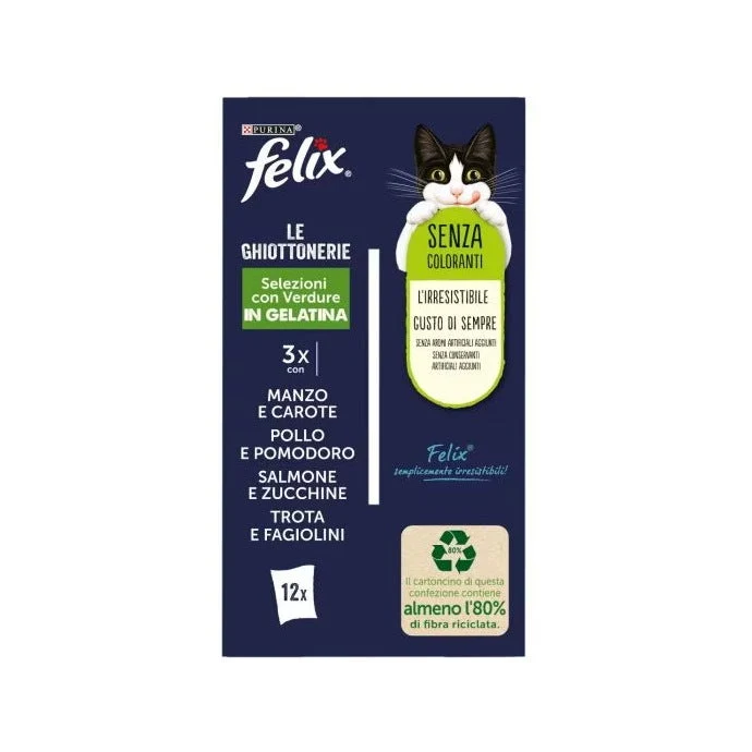 Purina Felix Le Ghiottonerie Manzo/Pollo /Salmone/Trota Con Verdure Cibo Umido Gatti Adulti Busta 12x85g