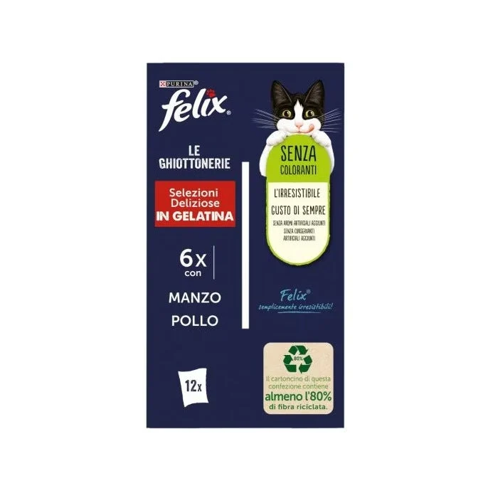 Purina Felix Le Ghiottonerie Selezioni Gusto Manzo/Pollo Cibo Umido Gatti Adulti Busta 12x85g