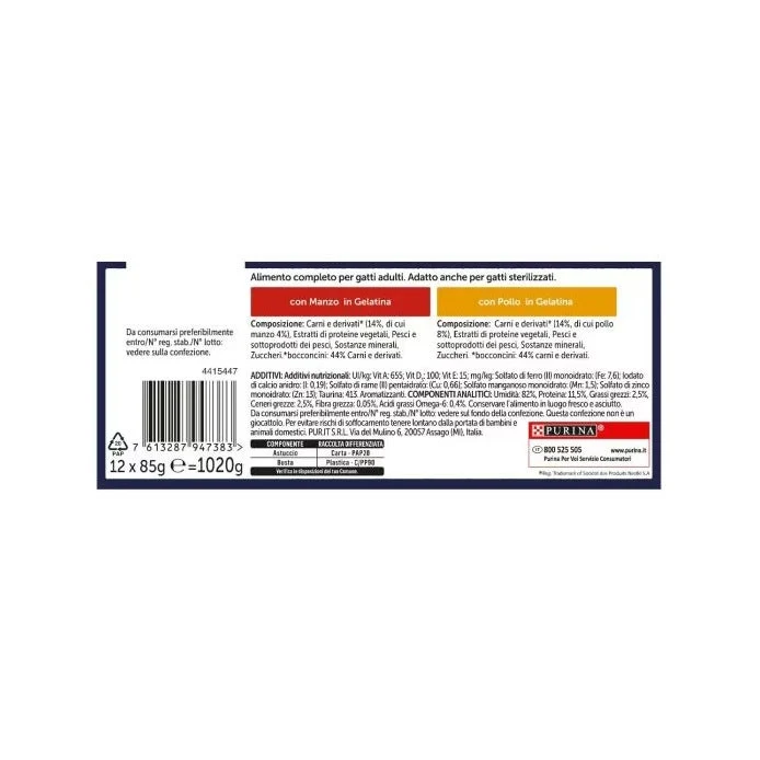 Purina Felix Le Ghiottonerie Selezioni Gusto Manzo/Pollo Cibo Umido Gatti Adulti Busta 12x85g