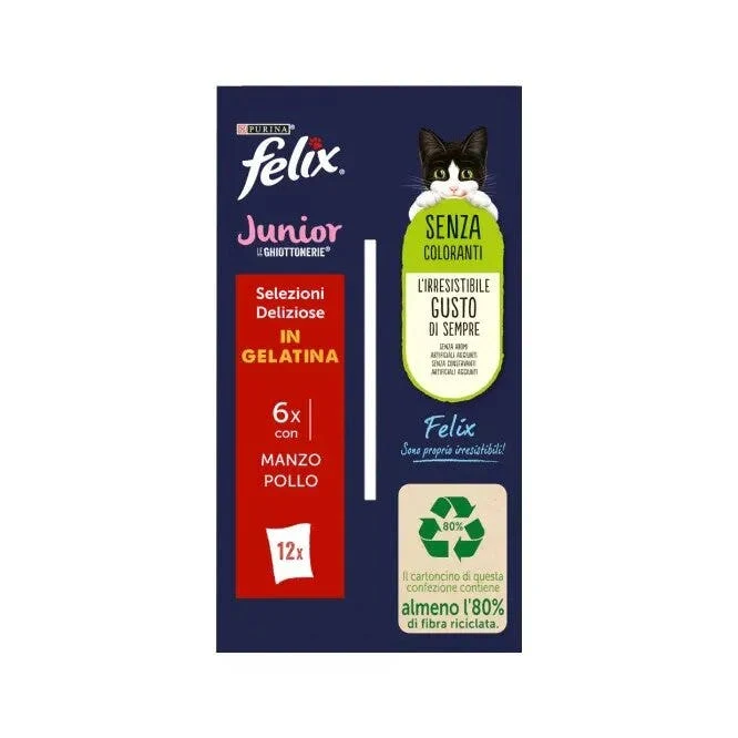 Purina Felix Le Ghiottonerie Junior Gusto Manzo/Pollo Cibo Umido Per Gattini Busta 12x85g